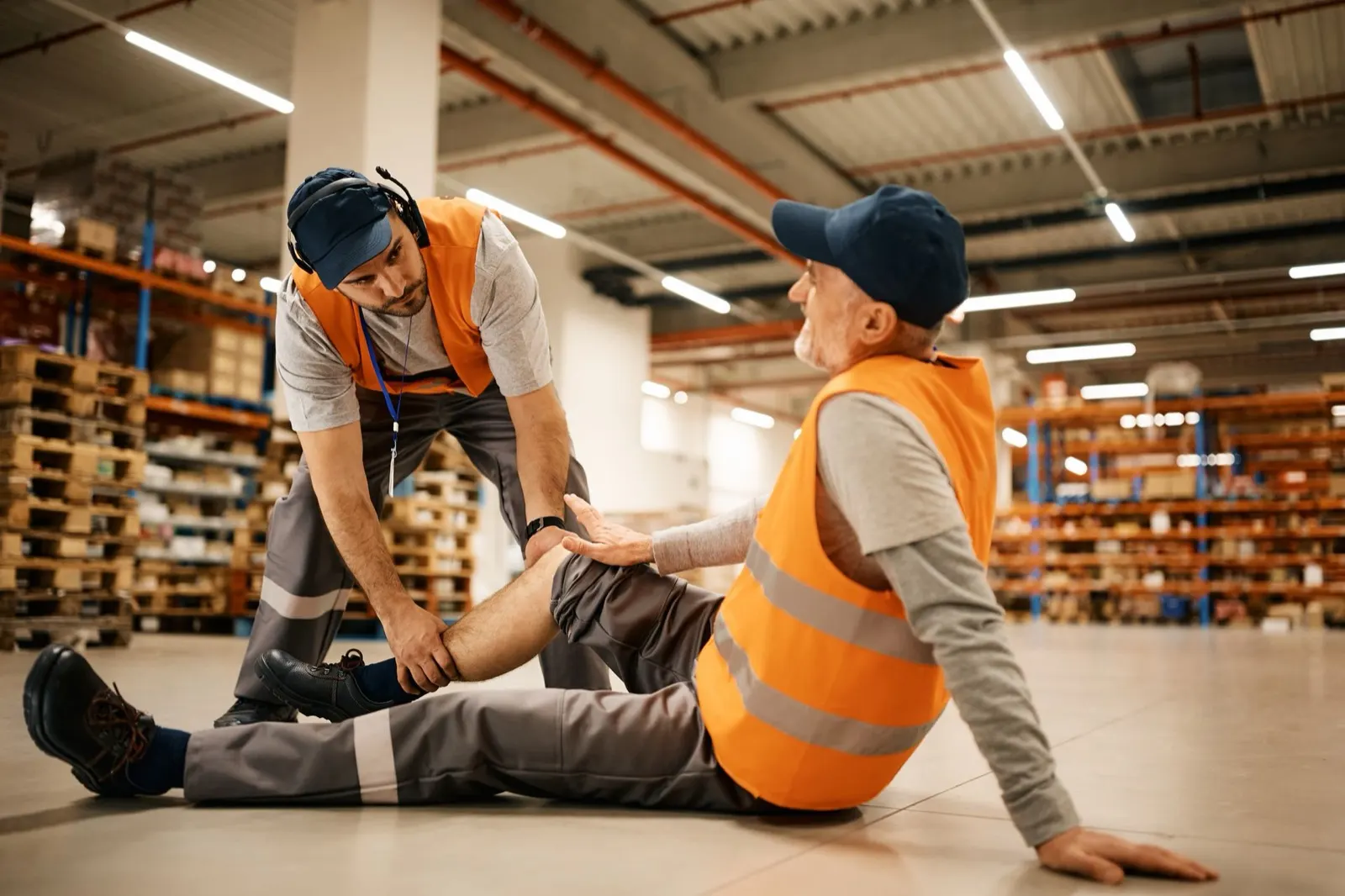 Warehouse worker in an orange vest helping an injured colleague with a leg injury